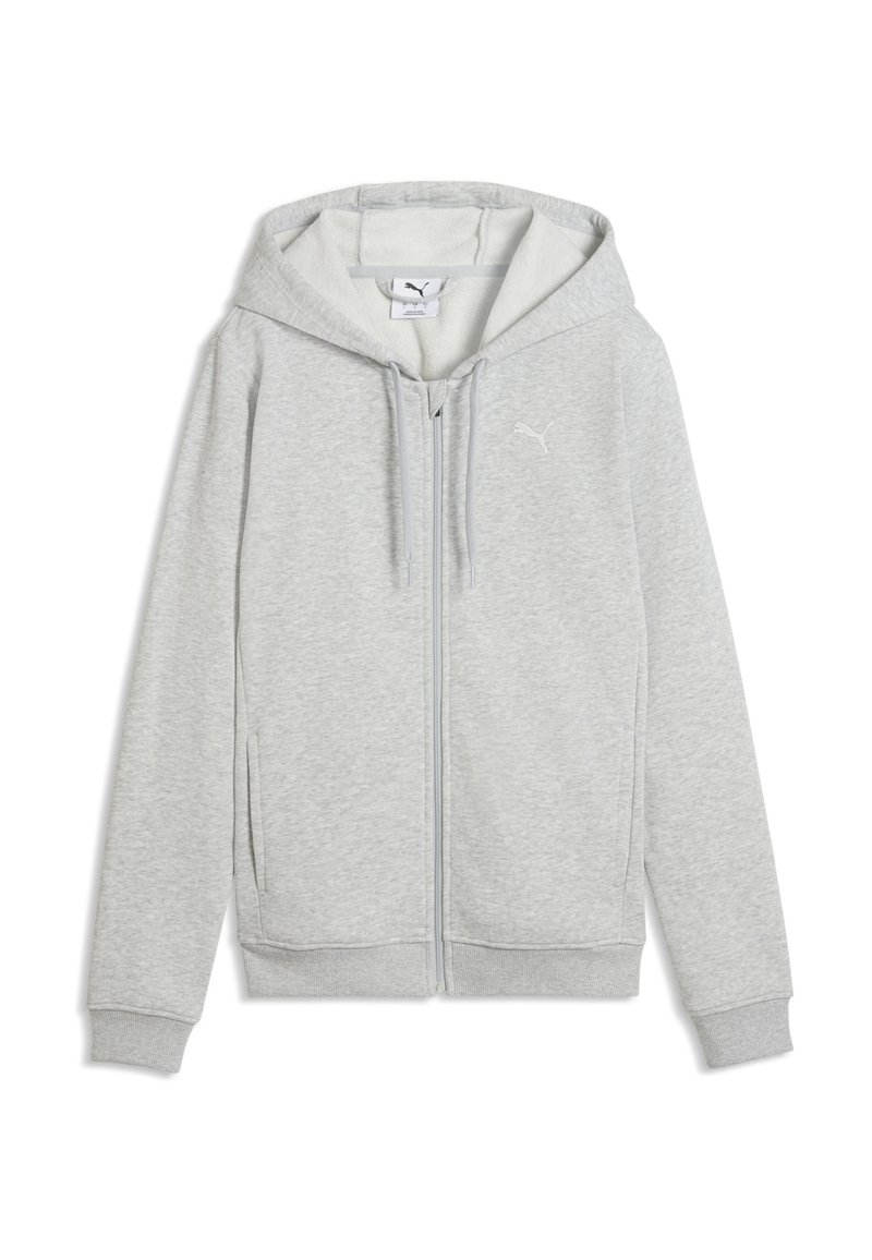 Φωτεινό γκρι φούτερ με φερμουάρ, κατασκευασμένο από μαλακό ύφασμα. Διαθέτει κουκούλα, τσέπες και μικρό λογότυπο στο στήθος. Λεπτομέρειες με ριμπ μανσέτες και τελείωμα.