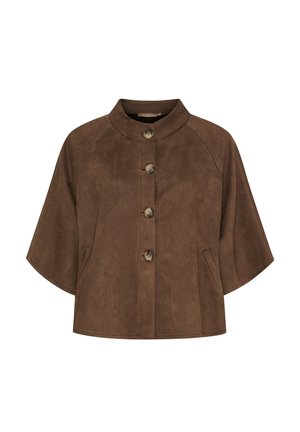 Brun kort kåbe i ruskind med brede ærmer, rund krave, knapper foran og sidelommer.