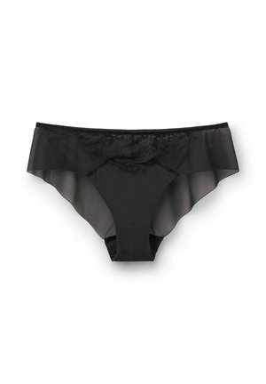 Culottes pour femmes en dentelle noire, avec des côtés en maille transparente, un devant lisse et une taille haute aux bords festonnés.