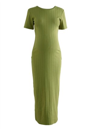 Rochie midi verde cu model în dungi, mâneci scurte, decolteu rotund și siluetă conică, realizată dintr-un material elastic pentru confort.