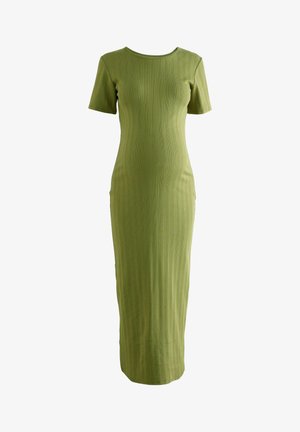 Rochie midi verde cu model în dungi, mâneci scurte, decolteu rotund și siluetă conică, realizată dintr-un material elastic pentru confort.