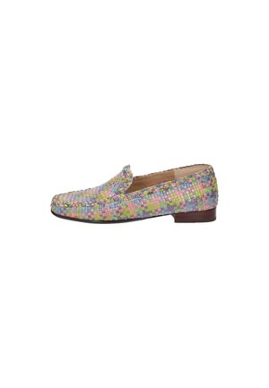 Woven slip-on shoe featuring a multicolored pattern in pink, green, yellow, and blue. Rounded toe and low brown heel for stability.