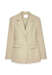 Beige Blazer mit strukturiertem Design, zwei vorderen Taschen, einem Knopfverschluss und einer strukturierten Stoffoberfläche.