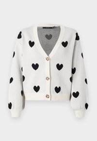 Vaate cardigan vaaleanharmaana, jossa mustia sydänkuvioita. V-aukko, napitus ja pallosleeve-telat. Rakenne materiaali, lyhennetty malli.