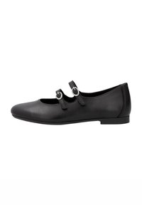 Schwarze Leder-Ballettschuhe mit zwei verstellbaren Riemen, die durch silberne runde Schnallen gesichert sind, mit runder Zehenpartie und flacher Sohle.