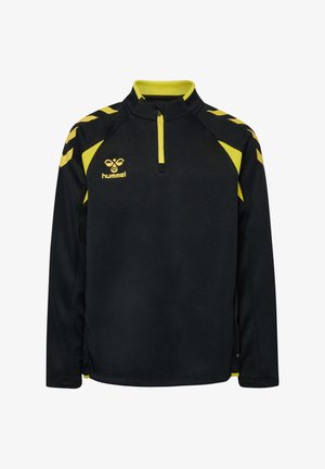 Schwarzer Sportpullover mit langen Ärmeln, gelben Akzenten, Viertel-Reißverschluss am Kragen und Hummel-Logo auf der Brust und den Schultern.