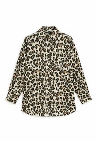 Chemise boutonnée à imprimé léopard dans une palette de couleurs crème, marron et noir, avec des manches longues et un col classique. Tissu doux et lisse.