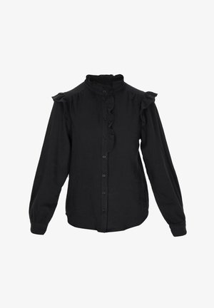 Zwarte blouse met lange mouwen, een gerimpelde kraag, knoopsluiting aan de voorkant en een zachte, gestructureerde stof. Beschikt over aangesloten mouwen en een iets losse pasvorm.