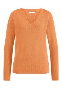 Sweter z dekoltem w serek, z długimi rękawami, wykonany z fakturowanej pomarańczowej dzianiny. Posiada prążkowane wykończenia przy mankietach i na dole. Gładkie wykończenie i swobodny krój.