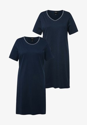 Marineblauwe katoenen nachthemden met korte mouwen en ronde halslijnen; de ene heeft witte stippen, de andere is effen marineblauw met een contrasterende halslijn.