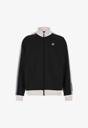 Black zip-up jacket with white stripes along sleeves, ribbed collar and cuffs, featuring a logo on the left chest and textured fabric.