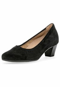 Black suede heeled shoe with a rounded toe, low block heel, and smooth interior lining. The exterior features a soft texture.