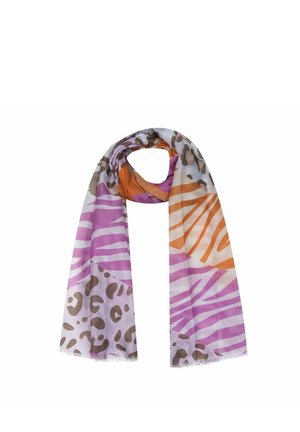 Scarf with mixed animal print patterns in purple, orange, and brown hues, lightweight fabric, loosely folded on a white background.