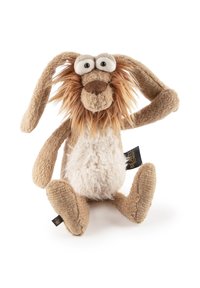 Soft, plush dog toy with floppy ears, a fluffy cream belly, and tan body. Features large round eyes and a textured nose.