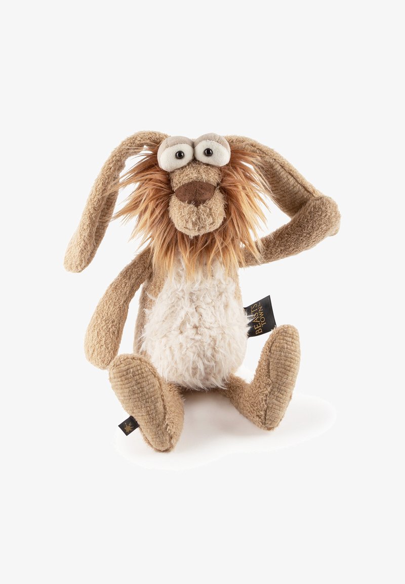 Soft, plush dog toy with floppy ears, a fluffy cream belly, and tan body. Features large round eyes and a textured nose.