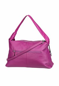 Bright pink leather handbag with two straps and a front zip pocket, displayed against a white background.