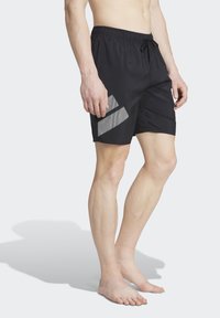 Bañador negro con una cintura elástica y cordón; presenta rayas diagonales grises; confeccionado en un material ligero y de secado rápido.