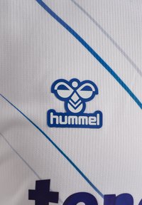 Biała koszulka sportowa z niebieskimi ukośnymi paskami i teksturowanym wzorem. Z przodu wyraźnie widoczny niebieski logo "hummel".