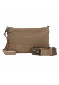 Borsa a tracolla in tessuto marrone con dettagli di cucitura orizzontale, tracolla regolabile, accessori metallici e un'etichetta del marchio discreta sul davanti.