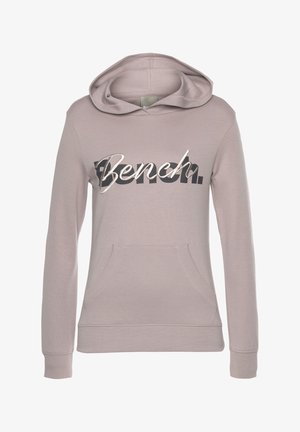 Hellgrau Hoodie mit einer Kängurutasche auf der Vorderseite, gerippten Bündchen und Saum. Mit "Bench." in fetter schwarzer und silberner Schrift auf der Brust.