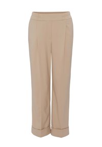 Pantalon beige pour femmes, ajusté, avec une coupe droite, des ourlets retroussés et une ceinture plate.