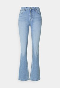 Lichtblauwe denim flared jeans met een hoge taille, voorzien van voorzakken, een ritssluiting en een minimale stikseldetail op de zoom.