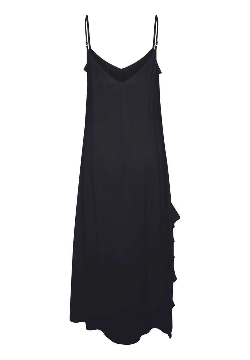 Schwarzes, ärmelloses Kleid mit V-Ausschnitt und verstellbaren Trägern. Verfügt über Rüschendetails an der linken Seite und ein fließendes Design bis zum Knie.