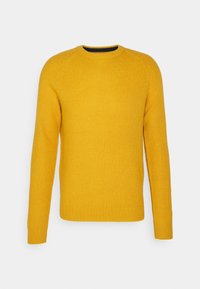 Gelber gerippter Strickpullover mit langen Ärmeln, rundem Ausschnitt und einfarbigem Design. Mit strukturierter Stoffqualität und engem Saum.