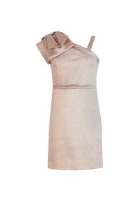 Shimmery rose gold one-shoulder mini dress with a large bow detail on the left shoulder and a thin strap on the right side.