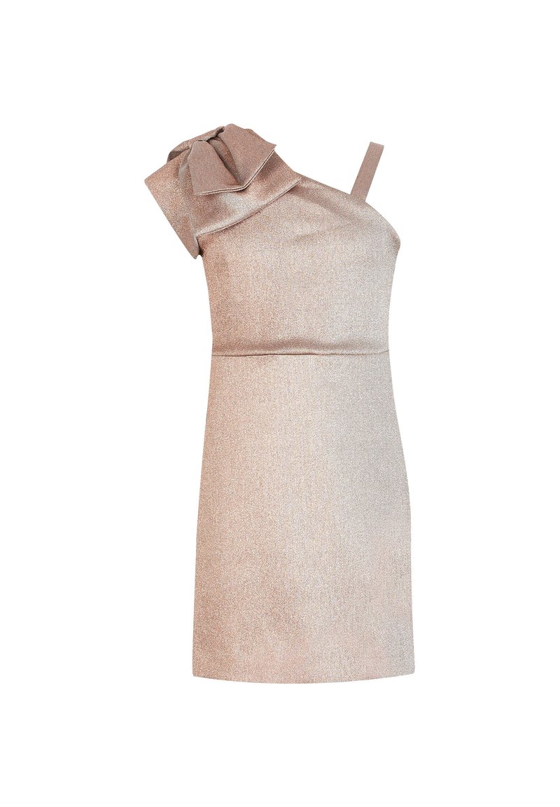 Shimmery rose gold one-shoulder mini dress with a large bow detail on the left shoulder and a thin strap on the right side.