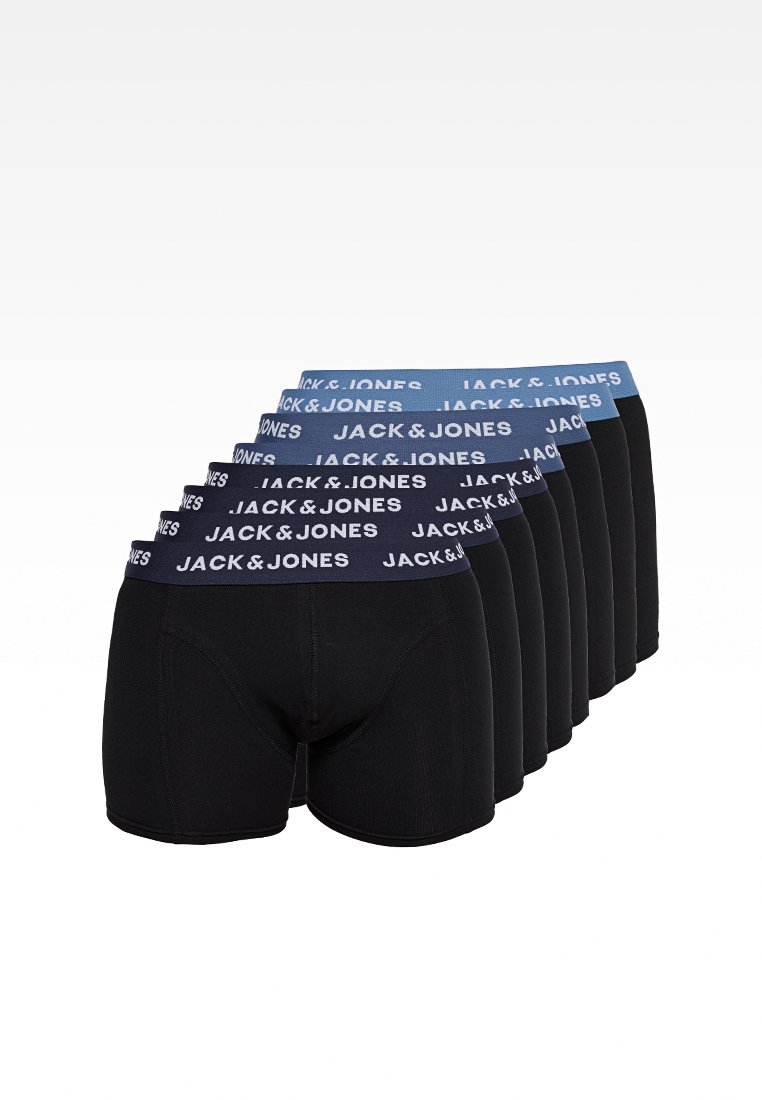 Ein Pack schwarze Boxershorts mit einem blauen Gummibund mit dem Logo "JACK & JONES". Weicher Stoff, taillierte Passform und genähte Nähte.