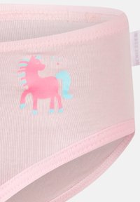 Sous-vêtement en coton rose avec un design de licorne en cartoon dans des tons de rose et de bleu, doté d'une bande texturée douce et d'un motif en tissu côtelé.