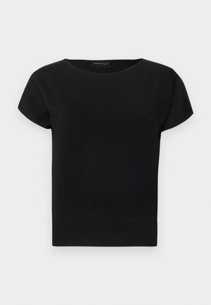 Μαύρο πλεκτό τοπ με κοντά μανίκια, στρογγυλή λαιμόκοψη και ριμπ τελείωμα, με μια μικρή ετικέτα στο λαιμό που γράφει "ANNA FIELD."