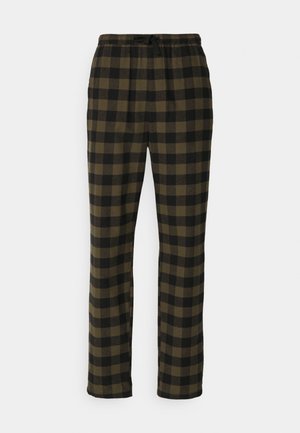 Zwarte en olijfgroene geruite pyjamabroek met een elastische tailleband en een trekkoord, gemaakt van zachte stof met een ontspannen pasvorm.