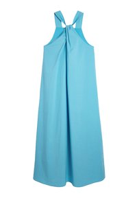 Niebieska, bezrękawnikowa sukienka maxi z wiązanym tyłem, gładką teksturą i opływowym krojem. Materiał mieszanki bawełny.