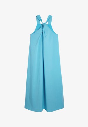 Niebieska, bezrękawnikowa sukienka maxi z wiązanym tyłem, gładką teksturą i opływowym krojem. Materiał mieszanki bawełny.