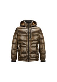 Gepolsterte olivgrüne Jacke mit Kapuze, glänzender Oberfläche, Frontreißverschluss und zwei Seitentaschen. Schwarze Reißverschlussakzente und elastische Bündchen.