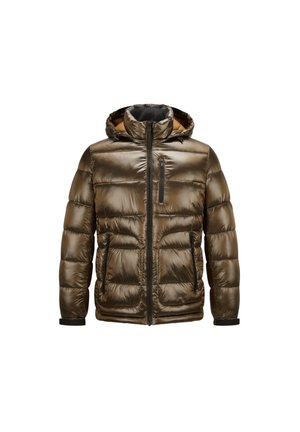 Gepolsterte olivgrüne Jacke mit Kapuze, glänzender Oberfläche, Frontreißverschluss und zwei Seitentaschen. Schwarze Reißverschlussakzente und elastische Bündchen.