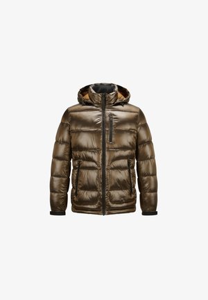 Padded olive green jacket with a hood, glossy finish, front zipper, and two side pockets. Black zipper accents and elastic cuffs.