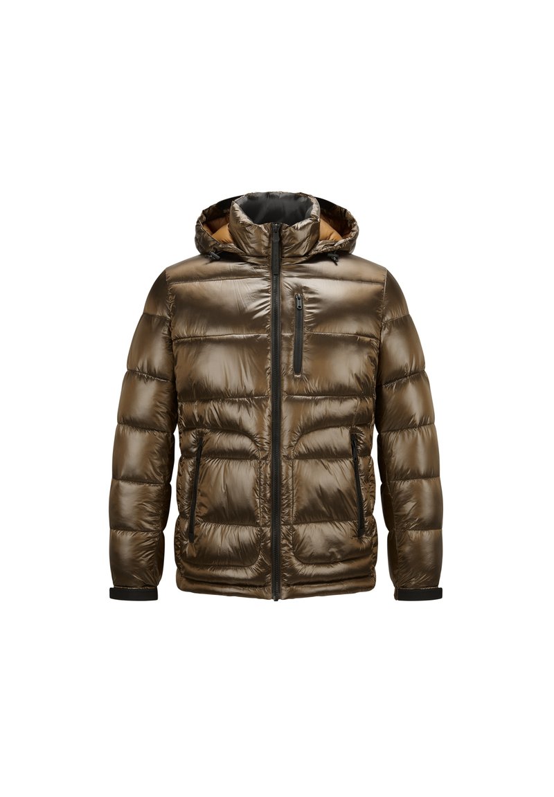 Gepolsterte olivgrüne Jacke mit Kapuze, glänzender Oberfläche, Frontreißverschluss und zwei Seitentaschen. Schwarze Reißverschlussakzente und elastische Bündchen.