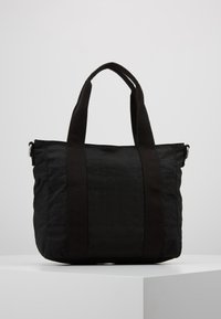 Borsa tote nera realizzata in tessuto resistente con superficie texture. Presenta manici doppi in tessuto e una forma spaziosa e non strutturata.