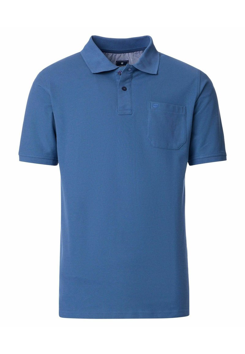 Niebieska krótko rękawowa koszulka polo wykonana z teksturowanej tkaniny; posiada kołnierzyk, trzy guziki oraz kieszonkę na piersi z ukośnym otworem.