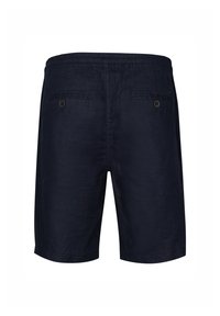 Pantaloni corti in lino blu navy con cintura elastica, dotati di due tasche posteriori con chiusura a bottone e una texture liscia.
