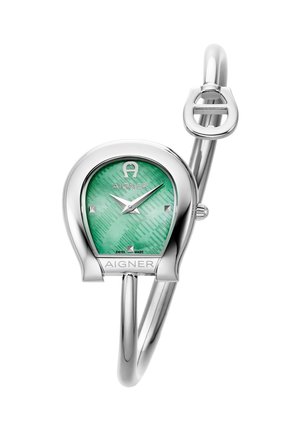 Sølv armbåndsur med grøn tekstureret urskive i hesteskoform, to sølvfarvede visere og Aigner-logo øverst og nederst.