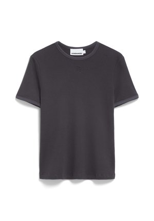 Dunkelgraues Kurzarm-T-Shirt aus geripptem Material, mit einem runden Ausschnitt und kontrastierendem Besatz sowie einem dezenten Logo auf der Brust.