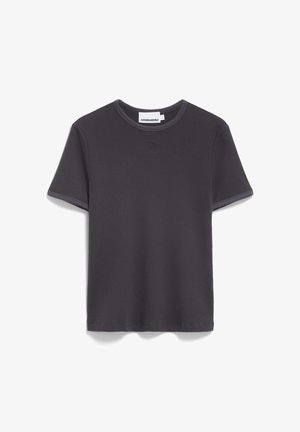 T-shirt à manches courtes gris foncé en tissu côtelé, avec un col rond orné d'un passepoil contrastant et un logo discret sur la poitrine.