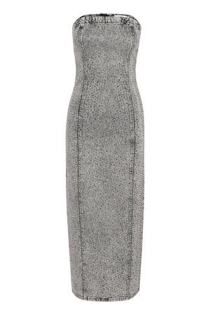 Šedé bezramienkové bodycon šaty s priliehavým strihom. Obsahujú textúrovanú látku a jemný lesk, zvýraznené viditeľným švíkom.