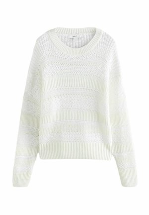 Lysfarvet strikket sweater med et tekstureret design med varierede mønstre, ribbede manchetter og en bred halsudskæring.