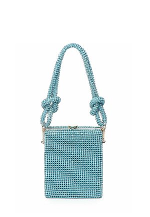 Borsa a tracolla turchese con forma rettangolare, decorata con brillanti strass, dotata di una maniglia annodata e di una chiusura con zip.