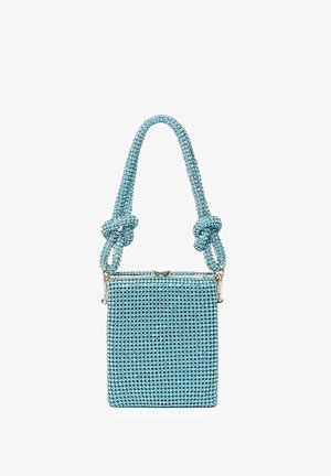 Borsa a tracolla turchese con forma rettangolare, decorata con brillanti strass, dotata di una maniglia annodata e di una chiusura con zip.